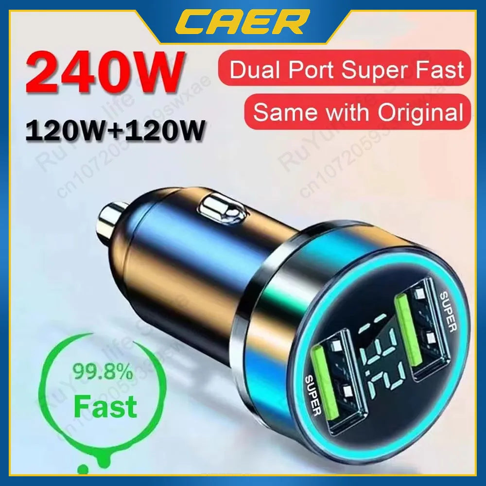 240W Car Charger Dual USB Ports 120W Super Fast Charging with Digital Display Quick Charging Adapter for Iphone Samsung Xiaomi
