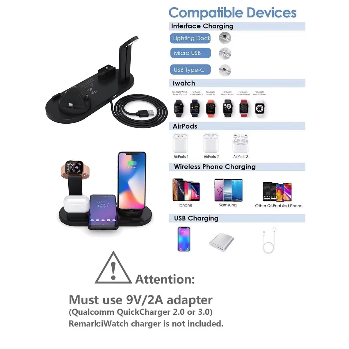 30W 7 in 1 Wireless Charger Stand Pad for Iphone 15 14 13 12 11 X Apple Watch Airpods Desk Phone Chargers Charging Dock Station